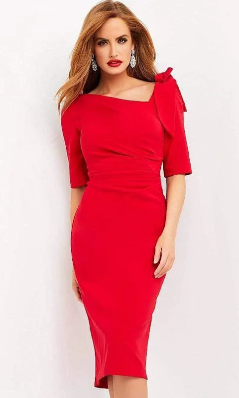 Customer Appreciation Sale Jovani - 04281 Asymmetric Neck Fitted Knee Length Dress