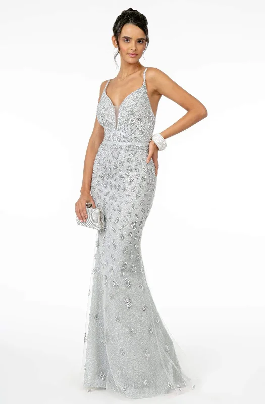 Extra Savings Elizabeth K - GL2917 Illusion Deep V-Neck Glitter Mesh Long Gown