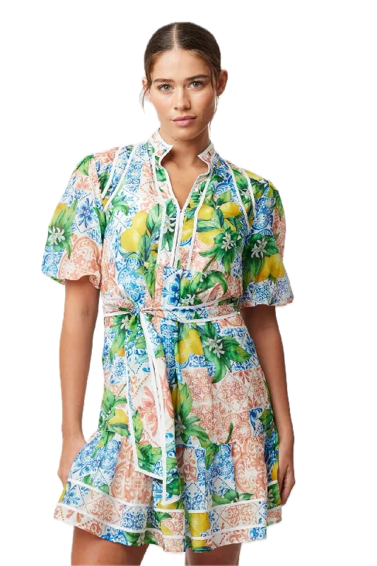 Unmissable Offer Once Was LUCIA Limonata Print Cotton Silk Summer Dress with Puff Sleeves