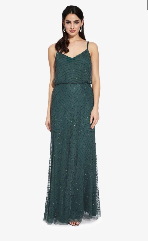 Clearance Event Adrianna Papell Art Deco Blouson Beaded Gown - Dusty Emerald