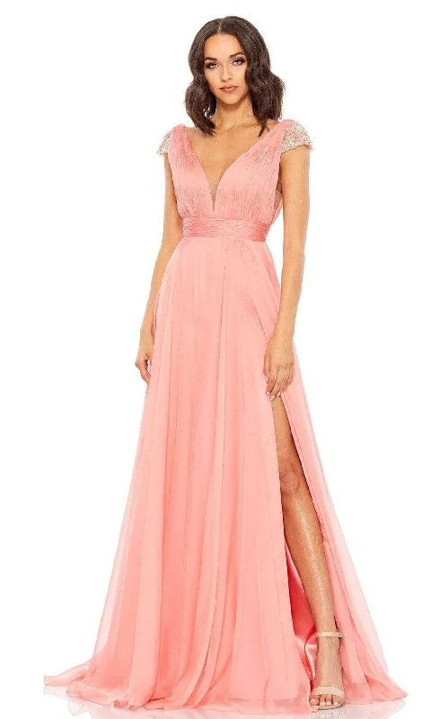 Steals and Deals Mac Duggal - 67811 Beaded Sleeve Chiffon Slit Dress