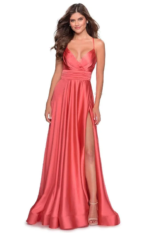 New Markdowns La Femme - 28571 Satin Deep V-neck A-line Gown
