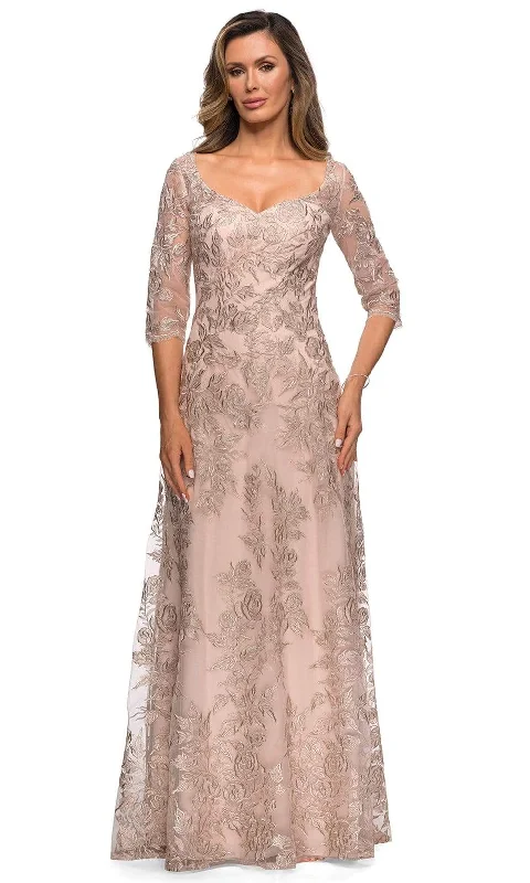 Markdowns La Femme - 28053 Lace V Neck A-line Dress