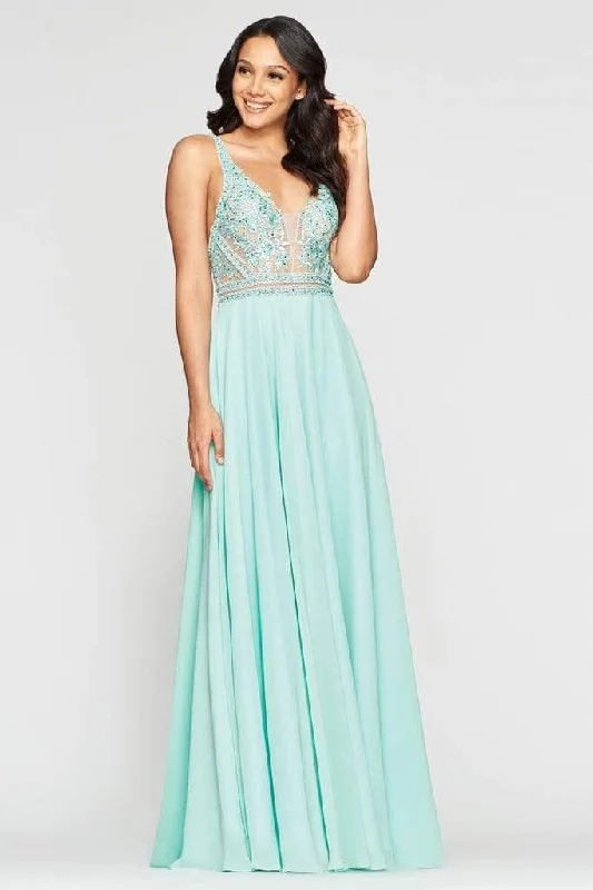 YEAR-End Clearance Faviana - S10414 Applique Deep V-neck Chiffon A-line Dress