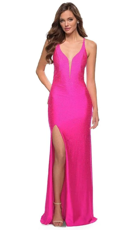 Online Only La Femme - 29969 Low V-Neck Beaded Simple Prom Long Gown