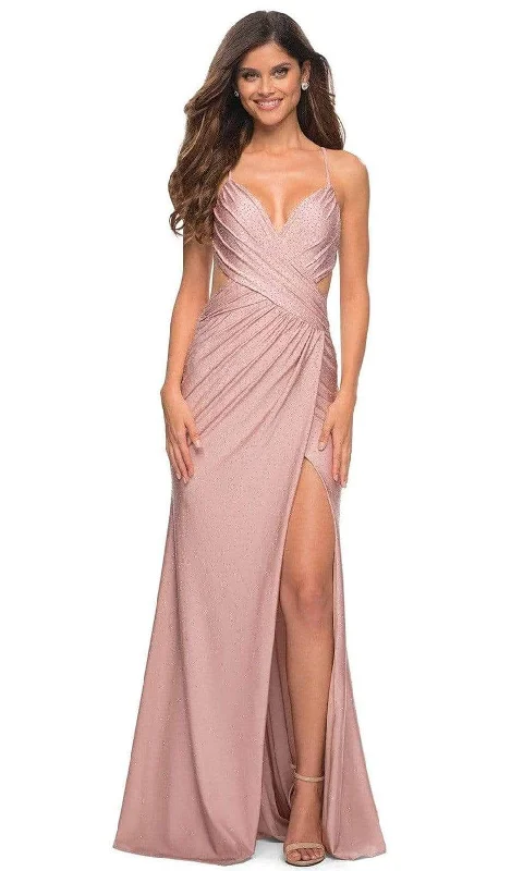 Value Deals La Femme - 30504 Beaded Crisscross Bod Slit Dress