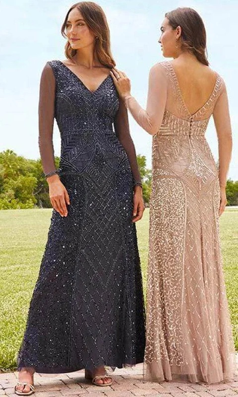 Weekend Deal Adrianna Papell Platinum - 40352 Beaded Long Sleeve Mesh Gown