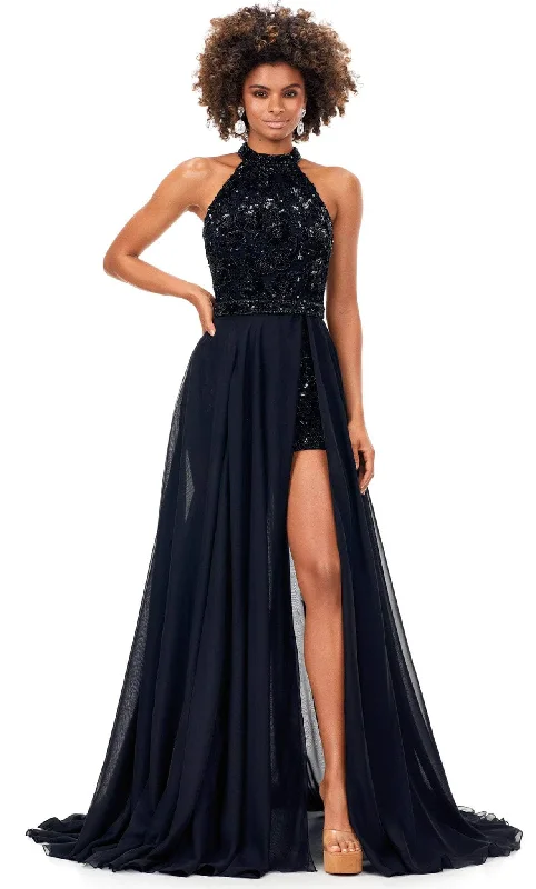 Deal of the Day Ashley Lauren 11354 - Beaded Halter Romper With Overskirt