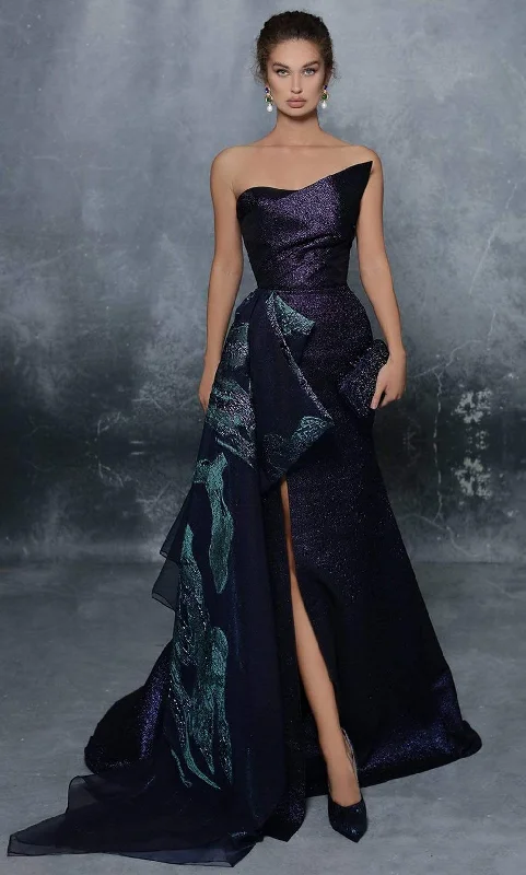 Overstock Sale Tarik Ediz - 96071 Peaked Bodice High Slit Trumpet Gown