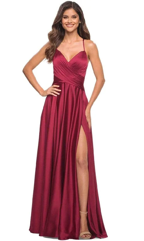 Huge Discounts La Femme - 30512 V-Neck High Slit Satin Dress