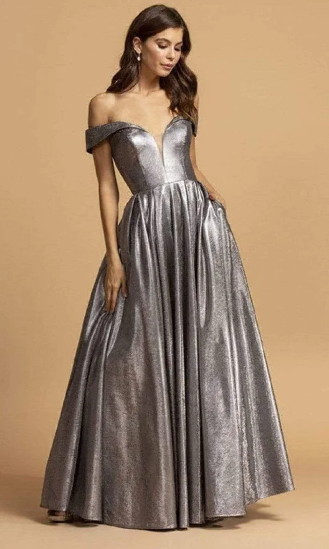 Season Finale Sale Aspeed Design - L2152 Metallic Off Shoulder A-Line Dress