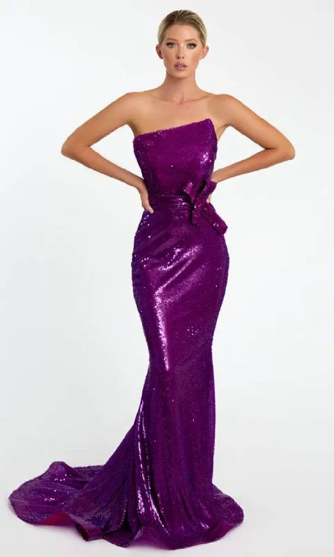 Limited Quantity Nicole Bakti - 7047 Asymmetrical Bow Accented Sequin Dress