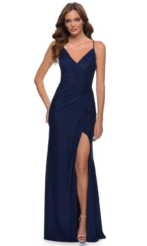 Blowout Deals La Femme - 29736 Ruched V Neck Dress With Slit