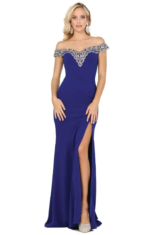 Value Deals Dancing Queen - 4004 Lace Off Shoulder V Back High Slit Prom Dress
