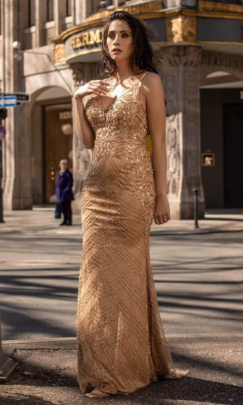 Huge Discounts Chic and Holland - AN1469 Beaded Plunging V Neck Sheath Dress
