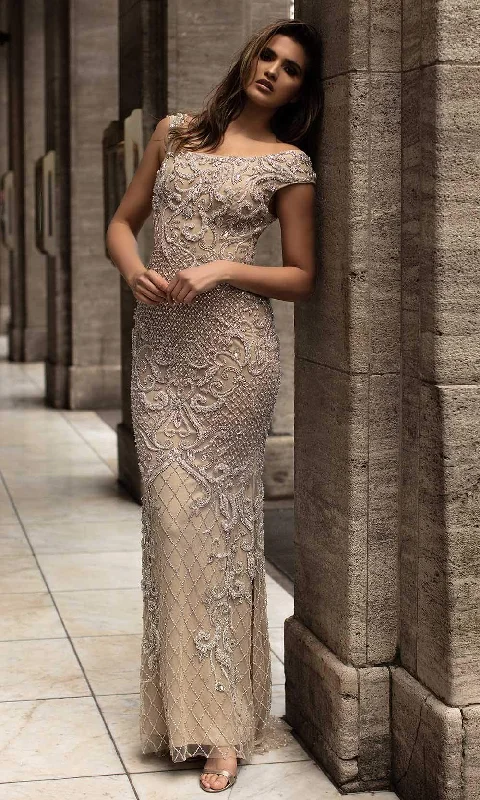 Closeout Sale Chic and Holland - HF1520 Bateau Neck Jewel Adorned Sheath Gown