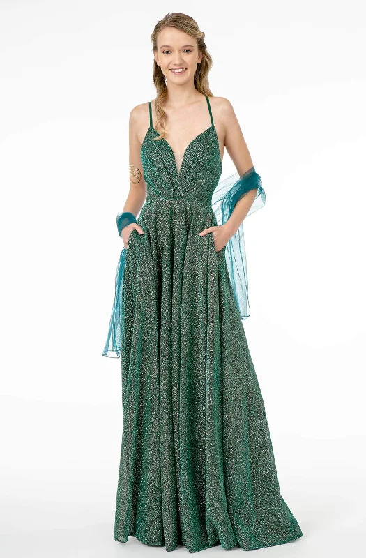 Last Chance Elizabeth K - GL1828 Plunging Pleat-Ornate Bodice Glitter Lame Gown