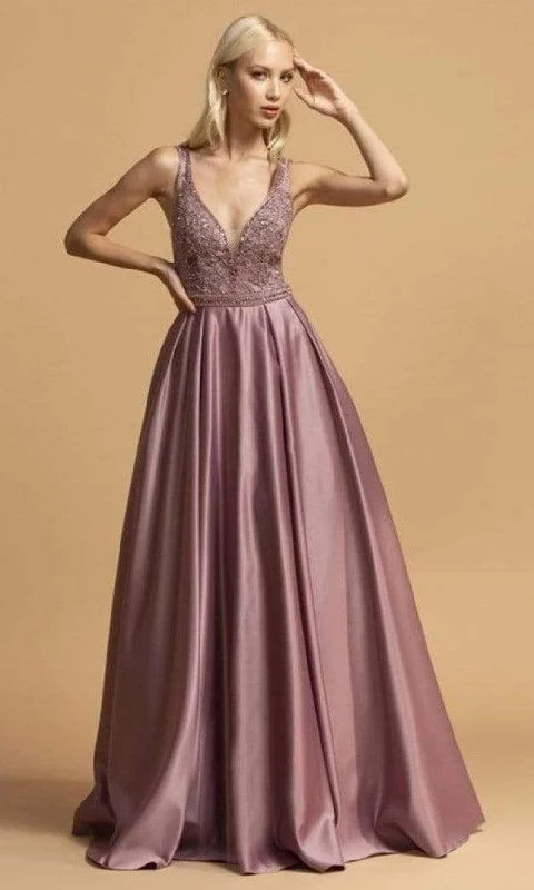 Price Rollback Aspeed Design - L2001 Embroidered Deep V Neck Satin A-Line Gown