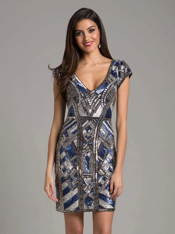 Final Clearance Lara Dresses - 29909 Cap Sleeve Geometric Beaded Short Dress