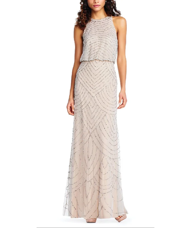 Incredible Offers Adrianna Papell Art Deco Beaded Blouson Dress with Halter Neckline