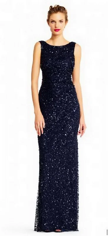Best Bargains Adrianna Papell Cowl Back Beaded Long Gown (Navy)