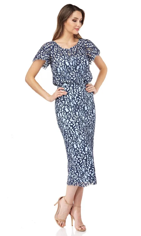 Online Only JS Collections - 866800 Short Sleeves Blouson Lace Sheath Midi Dress