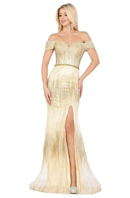Deal Zone Dancing Queen - 4071 Off-Shoulder Metallic Appliqued High Slit Gown