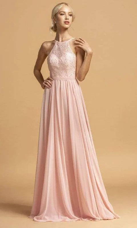Huge Discounts Aspeed Design - L2105 Embellished Halter Neck Chiffon Dress