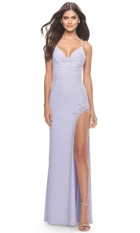Exclusive Online Offer La Femme 31574 - Draped Neckline High Slit Fitted Long Dress
