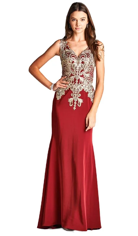 Buy More, Save More Aspeed Design - Embroidered V-neck Sheath Evening Dress