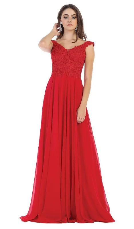 Price Drop May Queen - V Neck Lace Applique Chiffon Long Formal Dress MQ1602