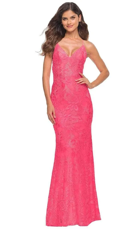 Bargain Prices La Femme - 30684 V Neck Floral Lace Long Gown