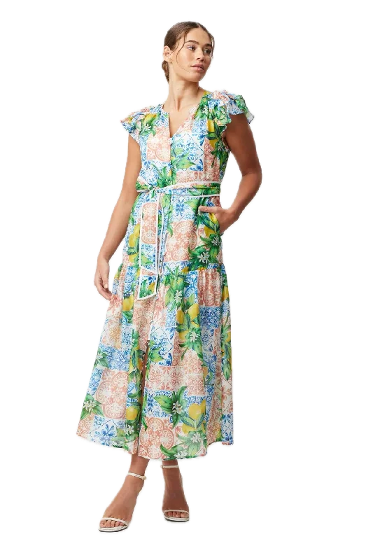 Take Advantage Once Was Summer Elegance Limonata Print Cotton Silk Dress with Removable Waist Tie