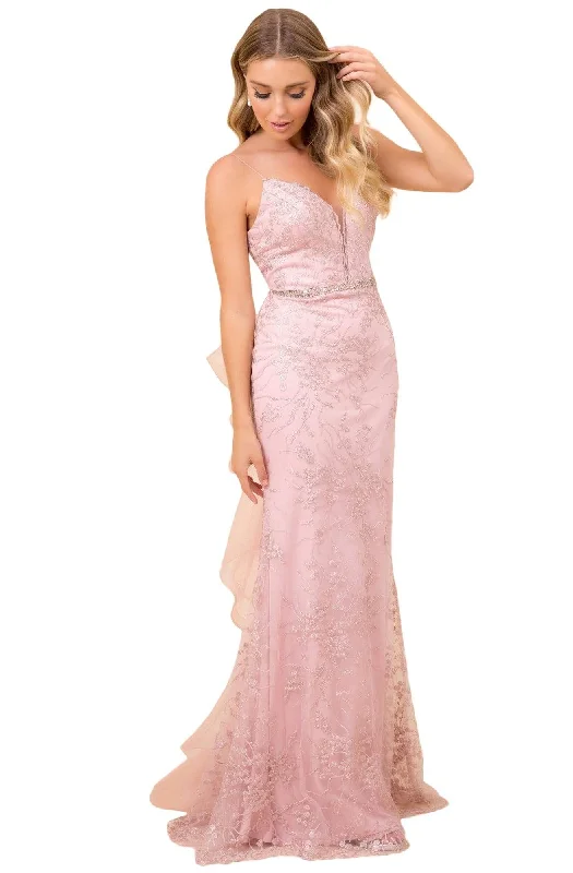 Stock Clearance Nox Anabel - T314 Plunging V-Neck Embroidered Mermaid Gown