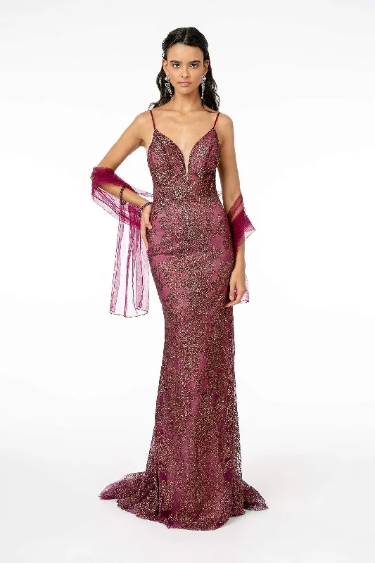 Today Only Elizabeth K - GL2989 Embellished Deep V-Neck Trumpet Dress