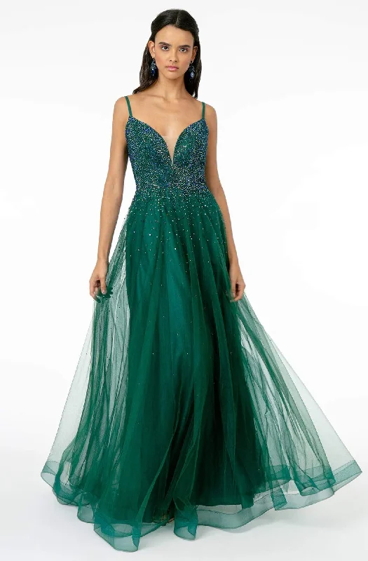 Weekend Deal Elizabeth K - GL2891 Beaded Bodice Illusion Deep V-Neck Long Dress