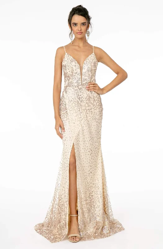 Quick Sale Elizabeth K - GL1844 Illusion Deep V-Neck Glitter Mesh High Slit Gown