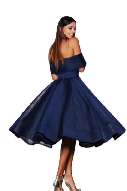 Midnight Madness Navy Off-the-Shoulder Midi Dress - JADORE STYLE JX4003