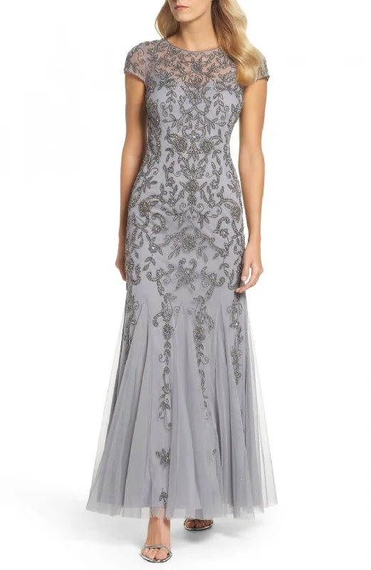 Final Sale Adrianna Papell Beaded Godet Trumpet Gown (silver/gray) 10Petite