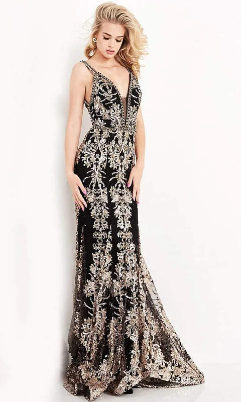 Limited Edition JVN by Jovani - JVN04789 Embroidered Plunging V Neck Trumpet Dress