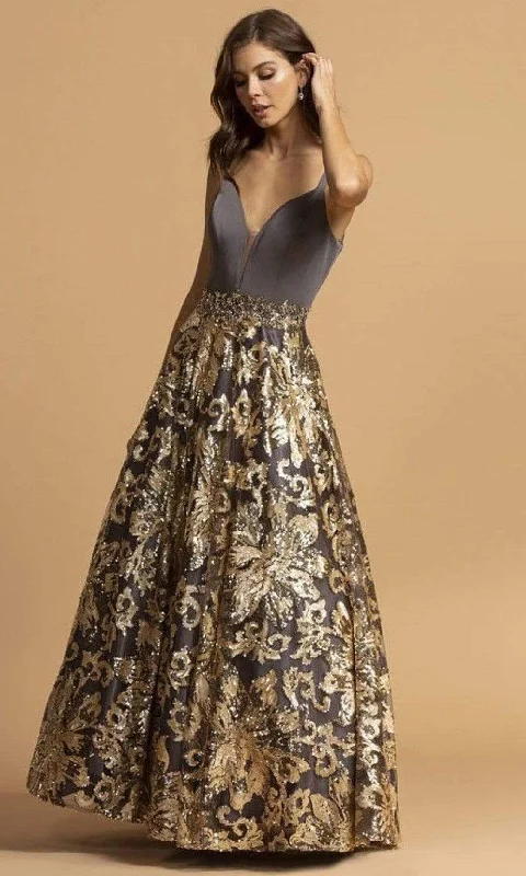 Savings Bonanza Aspeed Design - L2245 Sleeveless Gold Sequin Appliqued Dress
