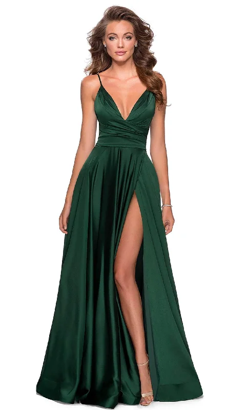 Final Clearance La Femme - 28607 Deep V-Neck High Slit Simple Prom A-Line Gown