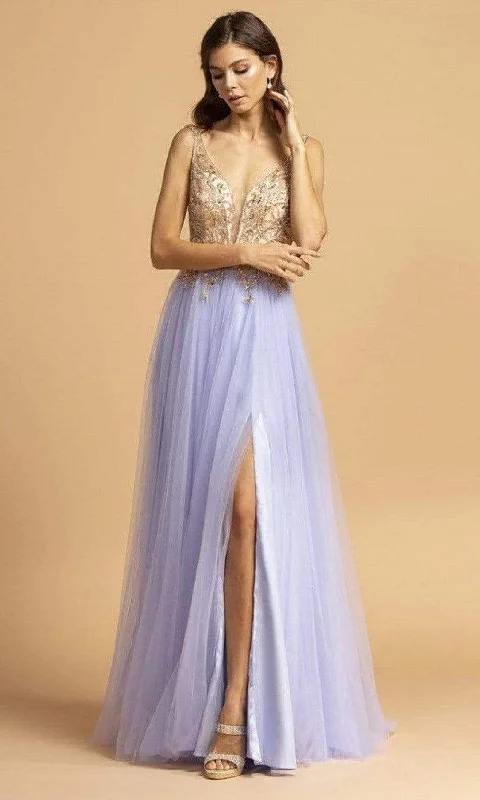 Shop and Save Aspeed Design - L2239 Sleeveless Plunging V-Neck A-Line Dress