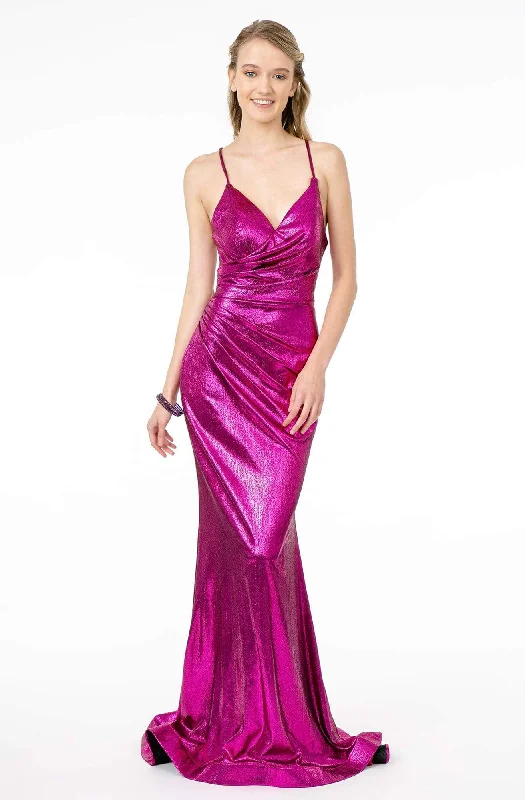 Deal Alert Elizabeth K - GL2943 Plunging V-Neck Ruched Trumpet Dress