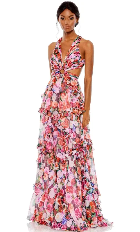 Super Deal Mac Duggal 68076 - Floral Printed Crossed Back Long Dress