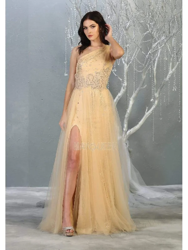 Best Bargains May Queen - RQ7809 Beaded Asymmetrical Dress with Slit