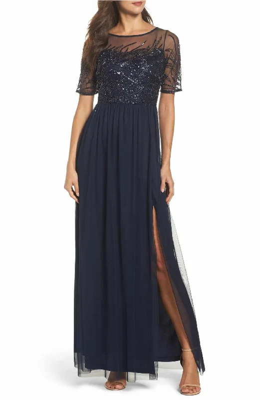 Closeout Adrianna Papell Beaded Half-Sleeve Illusion Gown
