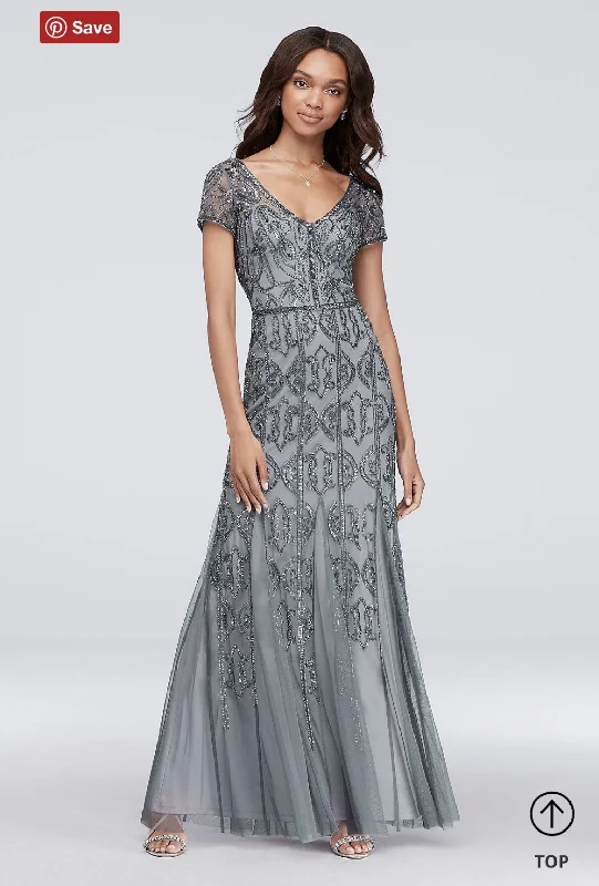 Midnight Madness Adrianna Papell Beaded Mesh V-Neck Sheath Gown with Cap Sleeves