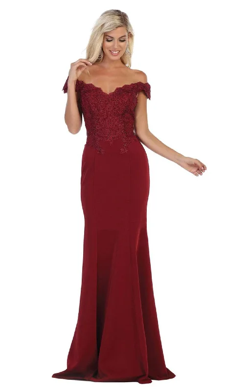 Hurry In May Queen - MQ1675 Embellished Plunging Off-Shoulder Trumpet Dress