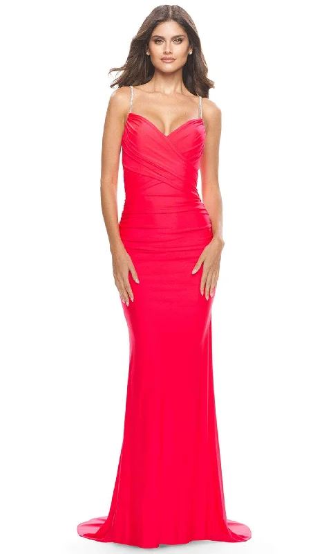 New Deals La Femme 31222 - Jeweled Criss Cross Ruched Jersey Dress